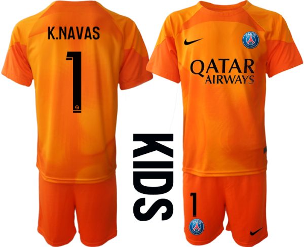 Fotbollströja Set K.NAVAS #1 Paris Saint-Germain PSG Målvakt Barn 2023 orange Kortärmad + Korta byxor