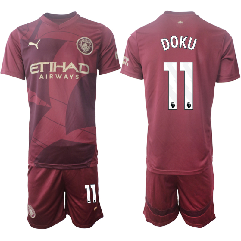 Herr Manchester City Tredjetröja 2024/25 Kortärmad (+ Korta byxor) Jeremy Doku 11