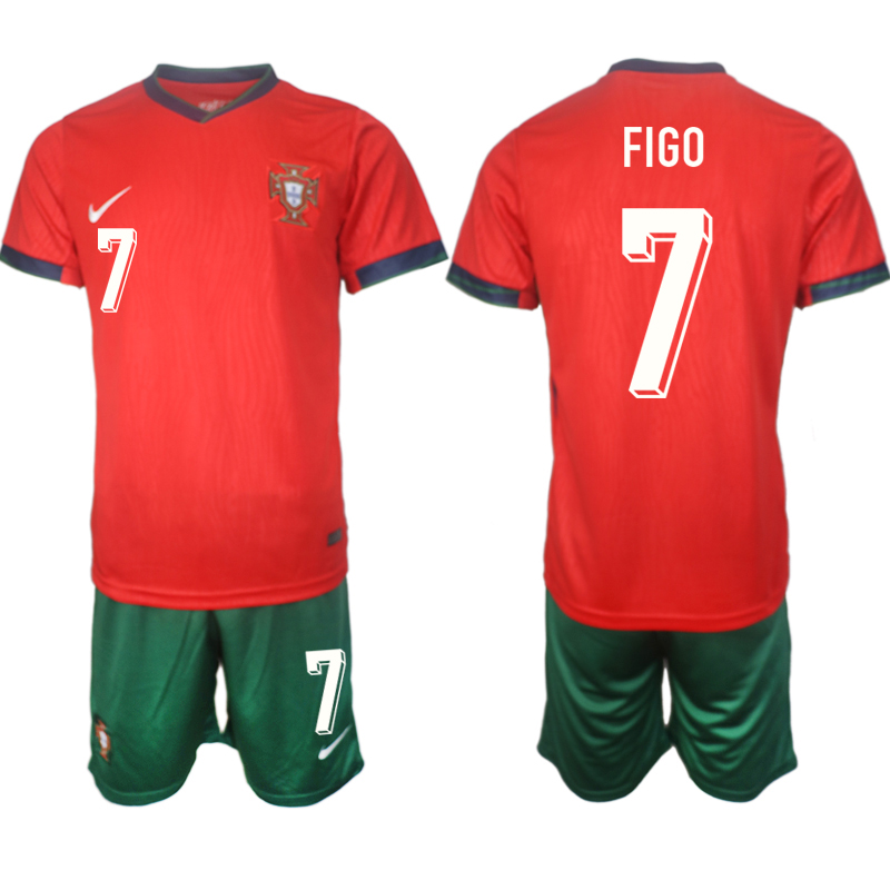 Köp Billiga Portugal EM 2024 Hemma Tröja röd Kortärmad + grön Korta byxor Luis Figo 7