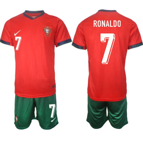 Köp Billiga Portugal EM 2024 Hemma Tröja röd Kortärmad + grön Korta byxor Ronaldo 7